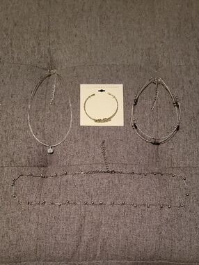 Set Of 4 - Silver Choker, Necklace with Crystal Accent, Belly Chain & Bracelet
